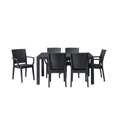 Rattan Style Table Set with 6 Arm Chairs - Grey Polypropylene