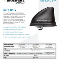 Shakespeare Dorsal Low Profile VHF Antenna 10mile Range, 8m Cable Plug, Black