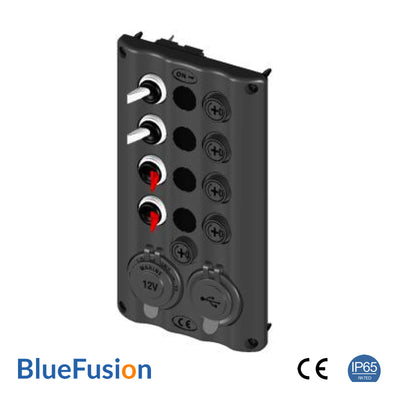 12V Switch Panel with Glow RED Toggles, 4 Gang + 2 Power Sockets, IP65 Rated – BlueFusion