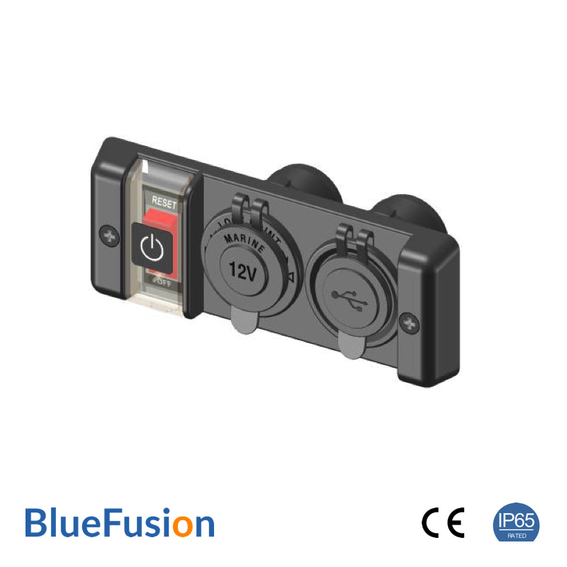 Switch Panel with 12V Power Outlet and Dual USB Sockets, IP65 Rated – BlueFusion