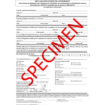 Replacement CE Certificate for Zodiac/Avon  Certificate of Conformity