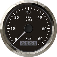 KUS Tachometer Gauge with Hourmeter (6000RPM / Stainless & Black)  KY07009 - ChasNewensMarine