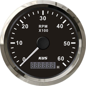 KUS Tachometer Gauge with Hourmeter (6000RPM / Stainless & Black)  KY07009 - ChasNewensMarine