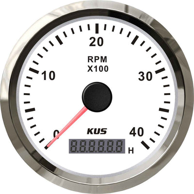 KUS Tachometer Gauge with Hourmeter (4000RPM / Stainless & White)  KY07105