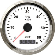 KUS Tachometer Gauge with Hourmeter (6000RPM / Stainless & White)  KY07106